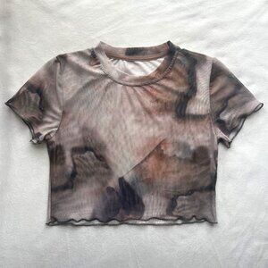 Y2K Sheer Mesh Baby Tee Abstract Marble Print Crop Top